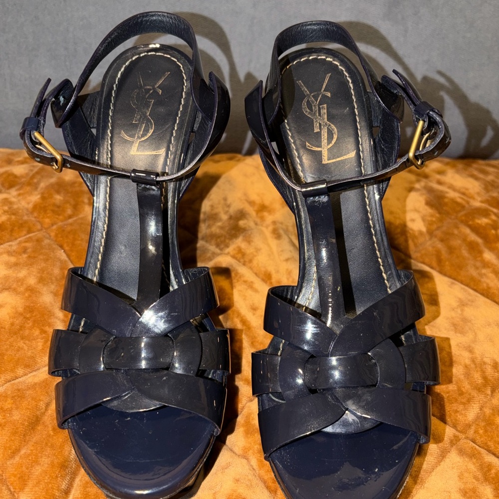 Yves Saint Laurent Navy Patent Leather Tribute Sandals